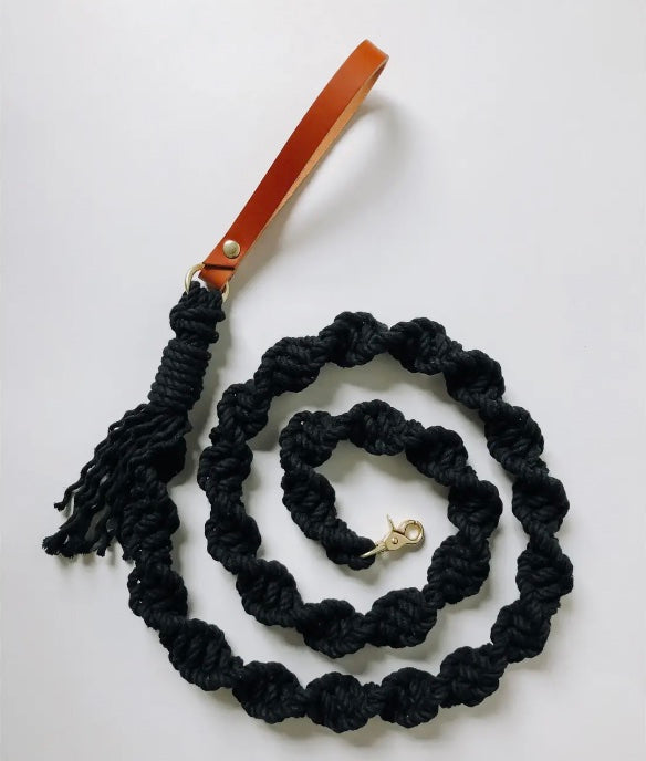 Macrame Dog Leash w/ Leather Handle - Black Rope