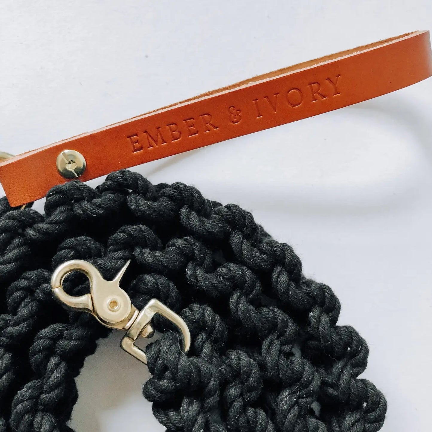 Macrame Dog Leash w/ Leather Handle - Black Rope